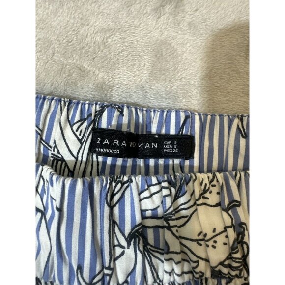 Zara Women’s Small Wide Leg Pants Blue White Stripe Floral Print Cropped - Picture 5 of 8